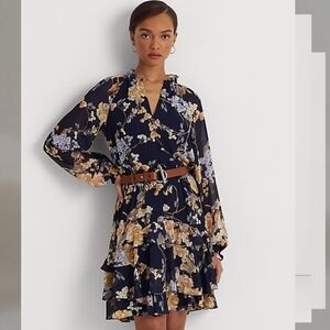 Lauren Ralph Lauren Mini Dress Dark Floral Ruffle Tiered Sheer Sleeve Preppy